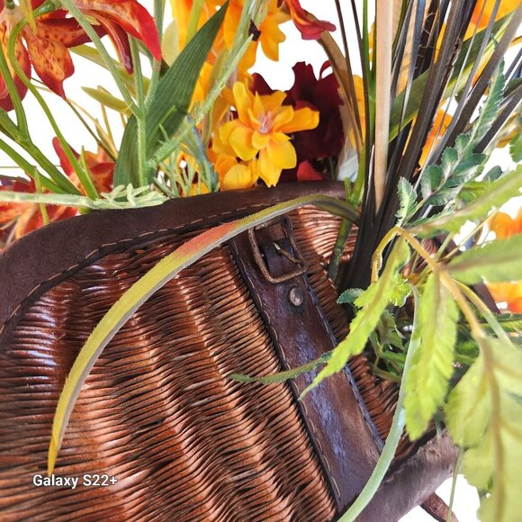 Artificial Floral Arrangement In Vintage Fishing Creel Wicker Basket With Leathe - Picture 7 of 14